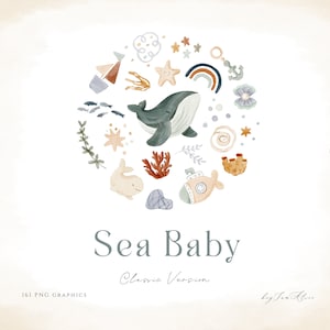 Meeresbaby-Clipart, Aquarell-Ozean-Grafik, Boho-Kinderzimmer-Clipart, nautisches Baby-Kind-PNG, Oktopus, Seestern, Schildkröte, Wal PNG, Sublimation