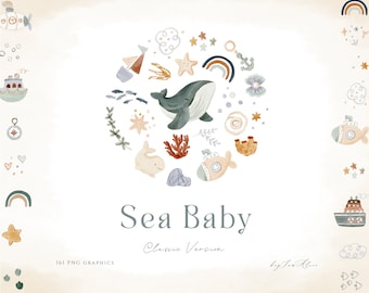 Sea baby clipart, watercolor ocean graphic, boho nursery clipart, nautical baby kid PNG, octopus, starfish, turtle, whale PNG, sublimation
