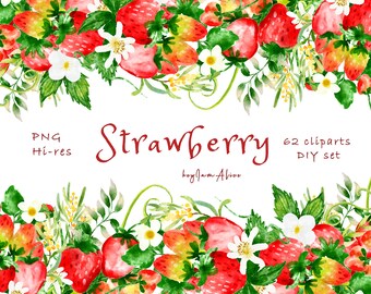 Watercolor strawberry Clipart, DIY set, Fruit strawberry ClipArt, FREE COMMERCIAL use, fruit clipart, strawberry decor, red strawberry png