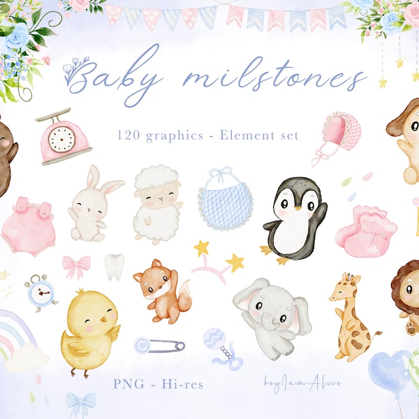 Baby Monthly Milestone Cliparts, Geburtstag Cliparts, Baby-Dusche-Geschenk, Tierbaby mit Ballons png, monatliches Wachstum Kunstwerke, Sublimation PNG