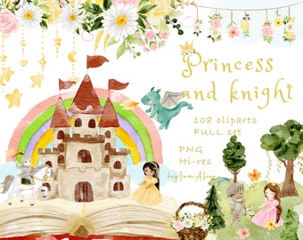 Princess and knight watercolor clipart, fairy tale graphics, dragon digital clipart, princess PNG, nursery clipart, graphics for kid PNG