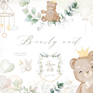 Baby beer clipart, neutrale aquarel teddybeer PNG, bearly wacht uitnodiging, baby bos dieren clipart, kinderkamer kunst, baby clipart