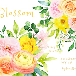 Geel roze bloemen aquarel clipart, GRATIS COMMERCIEEL gebruik, groen clipart, bruiloft bloem clipart png, gebladerte clipart, koraal roze bloemen