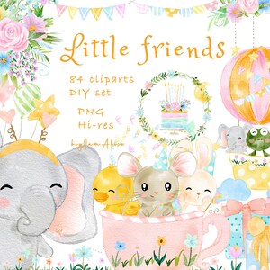 Clipart ad acquerello per piccoli animali, grafica per animali da bambino, PNG per bambini, arte per bambini, piccoli amici, elefantino, coniglietto, orsacchiotto