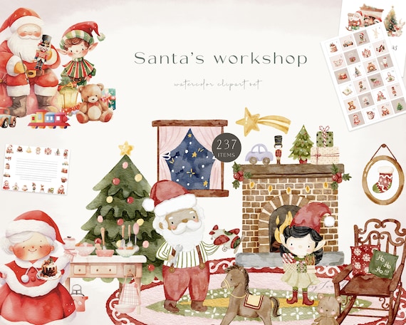 Cute Christmas Clipart, Santa's workshop, snowman, merry X-mas clipart, Santa Claus Clipart, Winter Holiday PNG, Festive Noel sublimation