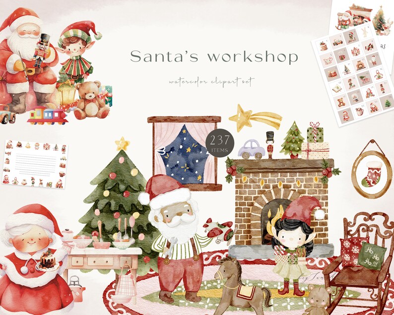 May include: A watercolor illustration set featuring Santa's workshop with 237 items. The set includes Santa, elves, a fireplace, a Christmas tree, presents, and other festive elements. The illustration is in a whimsical style with a pink background.