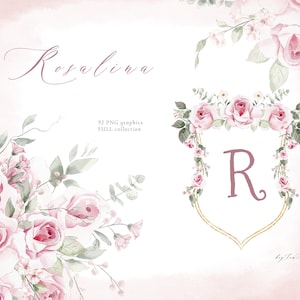 Clipart acquerello fiore rosa ROSA, PNG floreale rosa tenue, png bouquet acquerello, clipart di matrimonio, clipart di vivaio, cornice floreale in oro blush