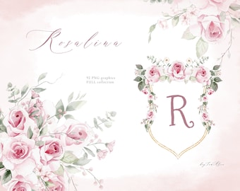Pink ROSE flower watercolor clipart, soft pink floral PNG, watercolor bouquet png, wedding clipart, nursery clipart, blush floral gold frame