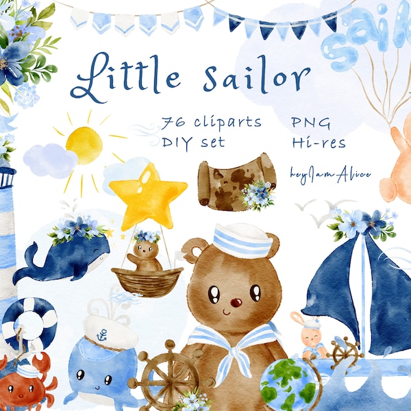 Sailor watercolor clipart, nautical boy clipart, free commercial use, nursery clipart, animal PNG, sailing ocean graphic, anchor, lighthouse