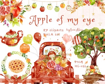 Apple clipart, watercolour autumn PNG, apple of my eye invitation, apple baby shower, watercolour fruit graphic, apple tree, apple pie PNG