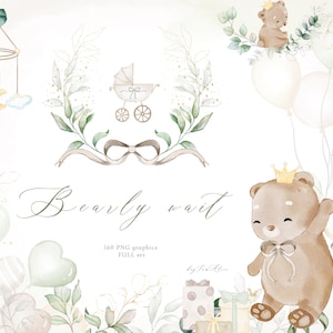 Baby Bär Clipart, neutrale Aquarell Teddybär PNG, Bär warten Einladung, Baby Wald Tier Clipart, Kinderzimmer Kunst, Baby Clipart