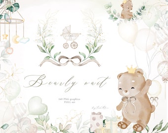 Baby bear clipart, neutral watercolor teddy bear PNG, bearly wait invitation, baby woodland animal clipart, kid nursery art, baby clipart