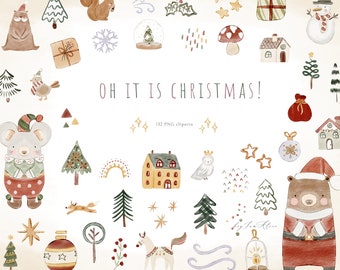 Christmas Clipart, snowman clipart, Watercolour merry X-mas clipart, Santa Claus Clipart, Holiday PNG, Festive Noel png, Christmas tree PNG