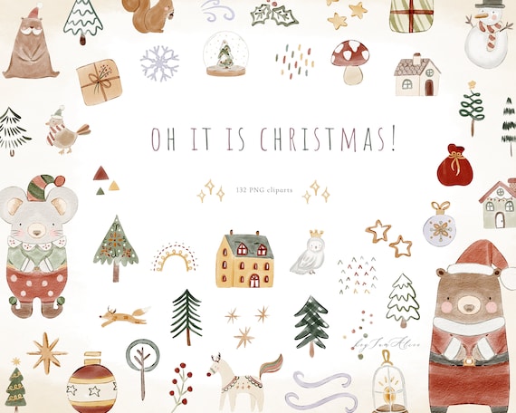 Christmas Clipart, snowman clipart, Watercolour merry X-mas clipart, Santa Claus Clipart, Holiday PNG, Festive Noel png, Christmas tree PNG