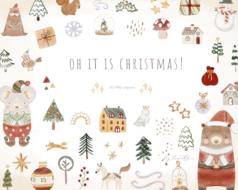 May include: A set of 132 watercolor Christmas clipart illustrations featuring a variety of festive elements, including animals, trees, ornaments, and houses. The text "Oh It Is Christmas!" is written in a whimsical font.