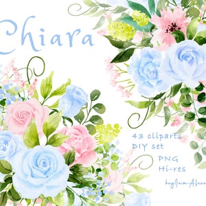 Clipart aquarela floral rosa azul, gráfico digital rosa, clipart de vegetação, clipart de flor de casamento PNG, clipart de folhagem, rosa suave PNG