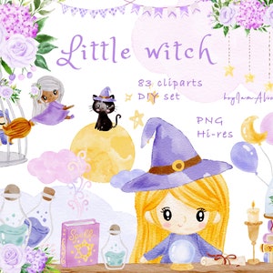 Clipart de sorcière, PNG numérique d'Halloween, sorcière et magicien, clipart d'école magique, graphique aquarelle pour enfant, sorcellerie mignonne, magique fantasmagorique