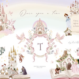 Prinzessin und Ritter Aquarell Clipart, Märchen Grafik, Drachen digitale Clipart, Sublimation PNG, Kinderzimmer Clipart, Grafik für Kind PNG