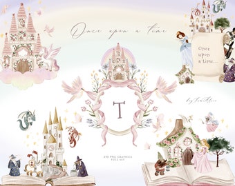 Princess and knight watercolor clipart, fairy tale graphics, dragon digital clipart, sublimation PNG, nursery clipart, graphics for kid PNG