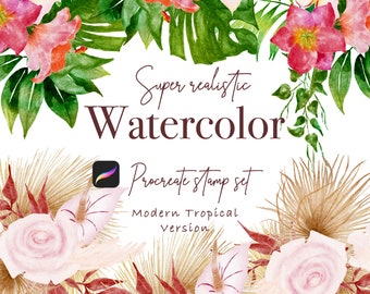 100 nowoczesnych tropikalnych realistycznych akwarelowych stempli Procreate Brush, BEZPŁATNE UŻYCIE KOMERCYJNE, kwiatowy stempel Procreate, zestaw Procreate, twórca clipartów