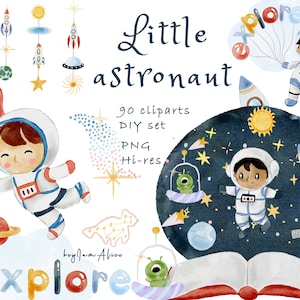 Aquarelle astronaute clipart, espace graphique PNG, chambre de bébé aquarelle, extraterrestre, fusée, vaisseau spatial, décor de bébé garçon, numérique de l’espace extra-atmosphérique