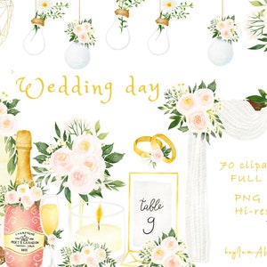 Wedding Day Watercolor Clip Art,  FREE COMMERCIAL use, Wedding Clipart png, Wedding Cake png, Watercolor Flowers, wedding Floral Clipart png