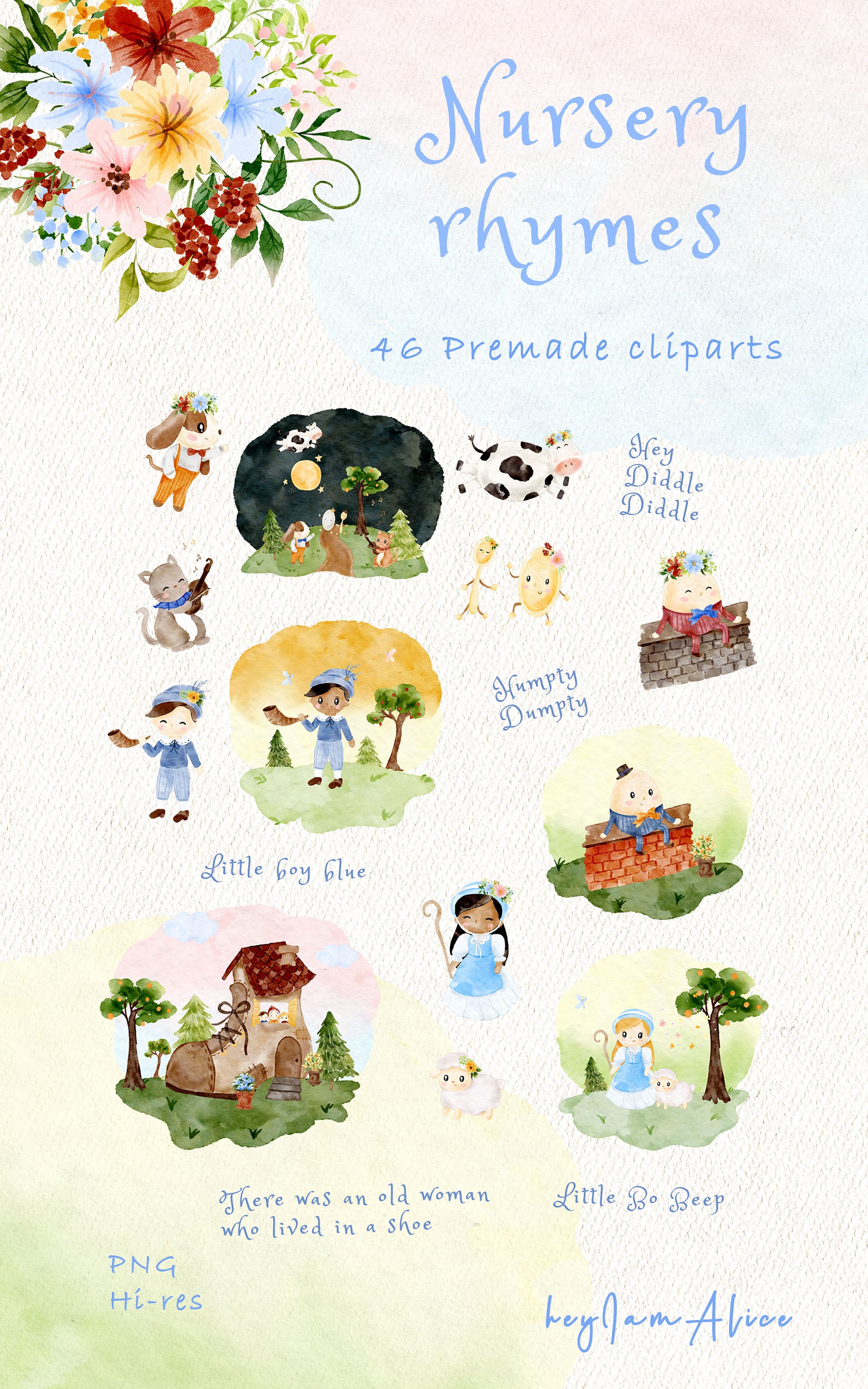 Nursery Rhymes Watercolor Clipart, Mother Goose PNG, Baby Graphics PNG ...