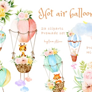 Hete luchtballon aquarel clipart, GRATIS COMMERCIEEL gebruik, luchtballon kwekerij clipart, dierlijke clipart PNG, luchtvervoer clipart, bloemen