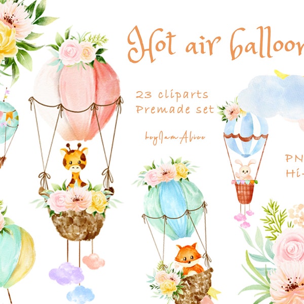 Hot air balloon watercolor clipart, FREE COMMERCIAL use, air balloon nursery clipart, animal clipart PNG, air transportation clipart, floral