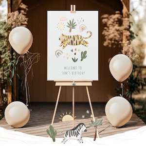 May include: A welcome sign for a birthday party with a tiger illustration, palm trees, rainbows, and the text "Welcome to Sam's Birthday".
