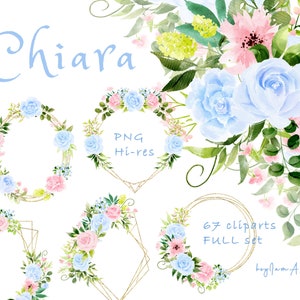 Rosa blaue Blumen Aquarell Clipart, digitale Grafik Rose, grün Clipart, Hochzeit Blumen Clipart PNG, Laub Clipart, zart rosa PNG