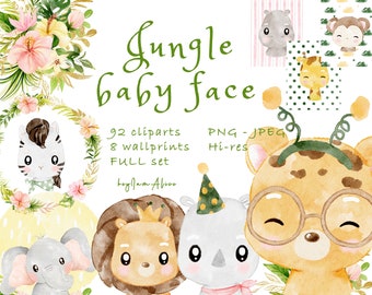Jungle watercolor animal face clipart, jungle nursery, jungle baby shower, safari animal graphic PNG, baby elephant, baby lion, giraffe PNG