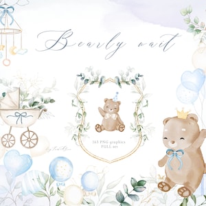 Baby beer clipart, blauwe aquarel teddybeer PNG, bearly wacht uitnodiging, baby bos dierlijke clipart, kinderkamer kunst, baby clipart png