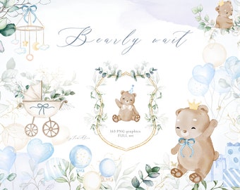 Baby bear clipart, blue watercolor teddy bear PNG, bearly wait invitation, baby woodland animal clipart, kid nursery art, baby clipart png