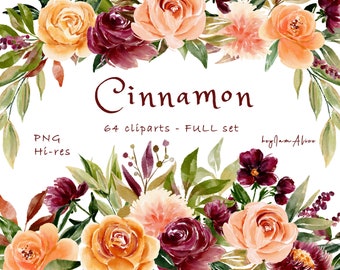 Burgundy golden flower watercolor clipart, FREE COMMERCIAL use, orange floral clipart PNG, autumn flower clipart, wedding clipart graphics
