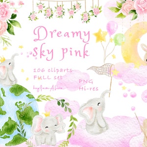 Clipart elefantino, clipart acquerello coniglietto, piccolo animale PNG, arte della scuola materna del bambino, grafica del palloncino con stella luna, PNG neonato rosa