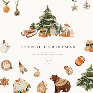 Clipart Noël Scandinavie, clipart père Noël, bonhomme de neige, aquarelle joyeux Noël clipart, vacances PNG, hiver png, arbre de Noël PNG