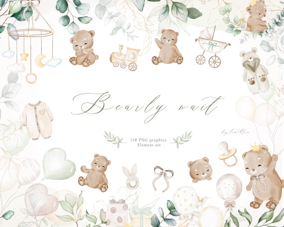 Baby bear clipart, neutral watercolor teddy bear PNG, bearly wait invitation, baby woodland animal clipart, kid nursery art, baby clipart