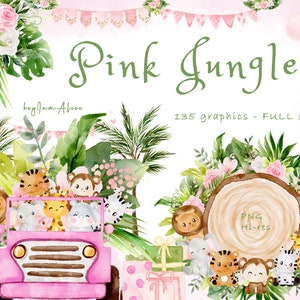 Clipart animali acquerello giungla rosa, asilo nido nella giungla, baby shower nella giungla, grafica animale safari PNG, elefantino, leoncino, giraffa PNG