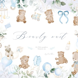 Baby Bär Clipart, blau Aquarell Teddybär PNG, Bär warten Einladung, Baby Wald Tier Clipart, Kinderzimmer Kunst, Baby Clipart png