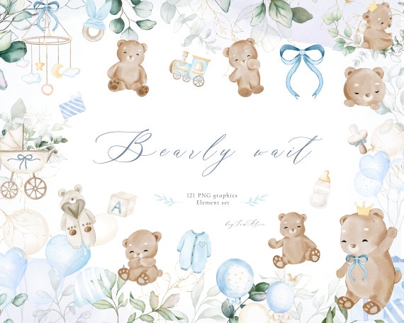 Baby bear clipart, blue watercolor teddy bear PNG, bearly wait invitation, baby woodland animal clipart, kid nursery art, baby clipart png
