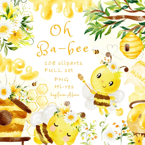 Bijen en honing aquarel clipart, kleine dieren clipart, gratis commercieel gebruik, mama als clipart, madeliefje bloemen PNG, honing kwekerij graphics