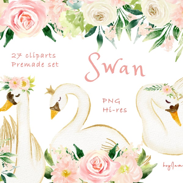 Swan clipart PNG, watercolor swan, FREE COMMERCIAL use, nursery clipart, ballet swan, princess swan, pink flower clipart png, baby shower