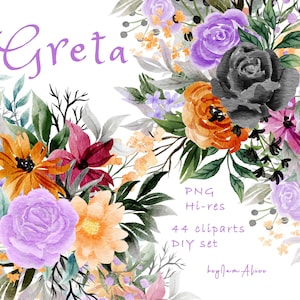 Lila Aquarell Blumen Clipart, violette Blumen Clipart, schwarze Rose, orange Aquarell Blumen, grün Clipart, Hochzeit Clipart, schwarzer Rahmen