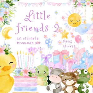Kleines Tier Aquarell Clipart, Baby Tier Grafik, Kinderzimmer PNG, Kinderkunst, kleine Freunde, Baby Elefant, kleiner Hase, Baby Teddybär