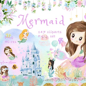 Clipart sirena, grafica acquerello sirenetta, clipart vivaio, grafica per bambini, sotto il mare, PNG animali marini, creature oceaniche, bambino