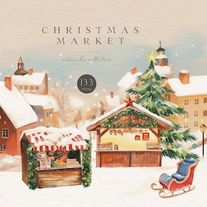 Clipart del mercatino di Natale, clipart del festival di Natale scandinavo, clipart di Natale allegro ad acquerello, Babbo Natale, PNG per le vacanze, Noel festivo