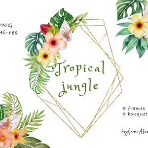 Tropical jungle flower watercolor clipart, free commercial use, tropical palm leave, commercial use graphic, summer clipart, png digital