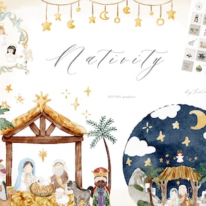 Weihnachten Krippe Clipart, Heilige Nacht PNG, Weihnachten Aquarell Illustration, Krippe Christian, Jesuskind PNG, Weihnachten Sublimation PNG
