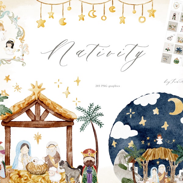 Christmas Nativity clipart, Holy night PNG, Christmas watercolor illustration, Nativity Christian, baby Jesus PNG, Christmas sublimation PNG